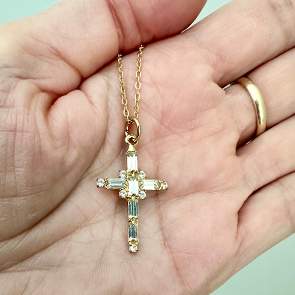 Vintage Emerald Cut Diamond Cross Pendant. CZ Diamond Gold Necklace. December Birthstone, Religious Gift For Her