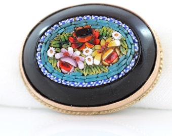 Antique Micro Mosaic Brooch, Micromosaic Brooch, Floral Micro Mosaic, 9ct Gold Mount, Micro Mosaic Pin, Victorian Micromosaic