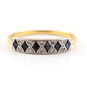 Art Deco Sapphire and Diamond Ring, Vintage Wedding Band Lozenge Cut Sapphires and Round Cut Diamonds, 15ct Yellow Gold
