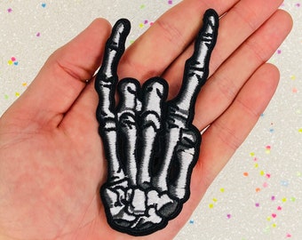 4.8” Skeleton Hand Devil Horns Iron On Patch