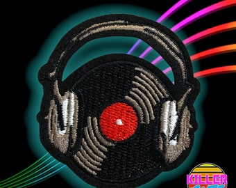 2.3" DJ Vinyl Record Headphones Iron On Patch