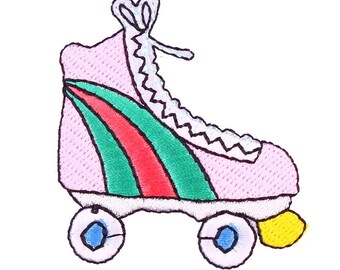 May include: Pink roller skate with green, red and white stripes. The skate has white wheels with blue centres and a yellow stopper.