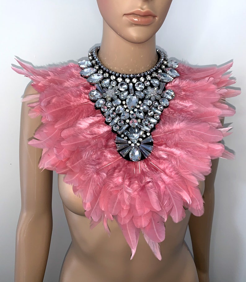 Bejeweled Rhinestone Beaded Pink Feather Statement Bib Collar