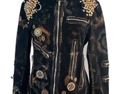 Post Apocalyptic Cyberpunk Grunge Inspired Custom Distressed Denim Jacket Metallic Hand painted Cogs Gold Brass Silver Studs steampunk