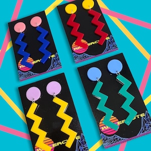 2.4&quot; Nostalgic Retro Rad 80&#39;s Multicoloured Memphis Zigzag Dangle Earrings