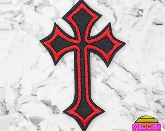 4" Red Black Gothic Crucifix Cross Iron On Patch