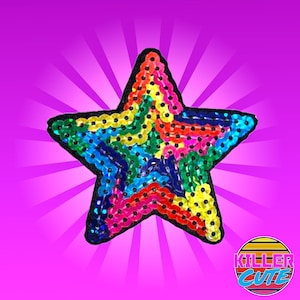 May include: A rainbow sequined star-shaped patch. The star is made of iridescent sequins in shades of red, orange, yellow, green, blue, and purple.
