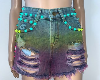 Neon Spikes Tie dye Pink Yellow Blue frayed High Waist Demin Shorts Y2K festival fashion