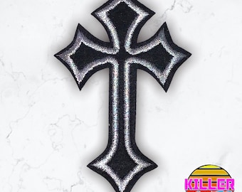 4" Silver Metallic Gothic Crucifix Cross Iron On Patch