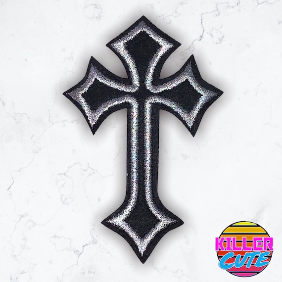 4 Metallic Silver Black Gothic Crucifix Cross Iron on Patch 