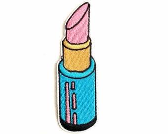 3.8" Pink Lipstick Iron On Patch Retro Embroidered Applique