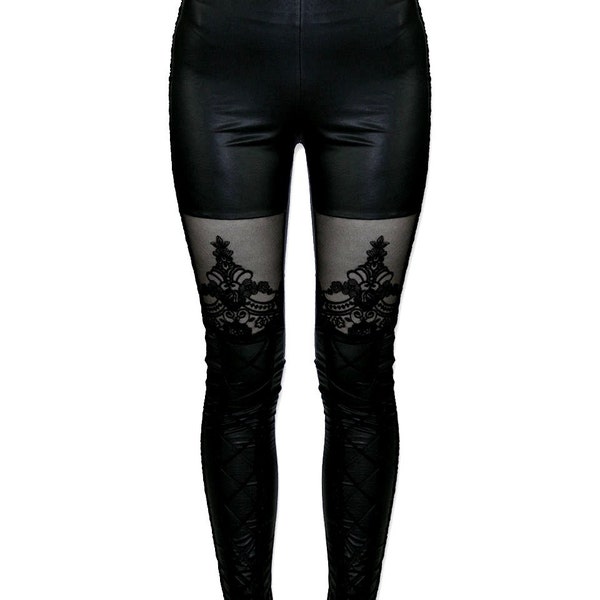 GOTHIC ornate black mesh lace stretchy shiny lycra cutout corset leggings