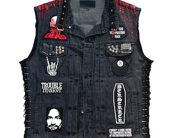 Custom Gothic Heavy Metal Horror Patchwork Studded Black denim Battle Vest Hand Wasteland Post Apocalyptic