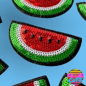 May include: A red and green watermelon patch with white sequins. The watermelon is a half-circle shape and has a black outline.
