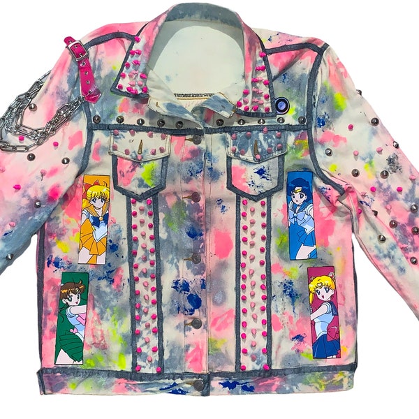 Custom Neon Paint Splatter Reworked Vintage Anime hand painted Girly Punk Denim Jacket