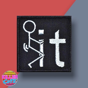 May include: Black embroidered patch with a white stick figure and the word "sit" in white.