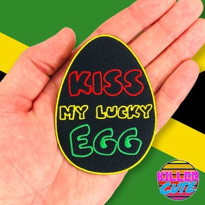 Aplique bordado "Kiss My Lucky Egg" de 3,5" com aplicação de ferro