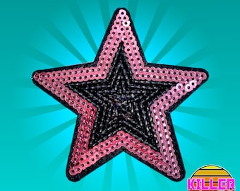 2.8” Sequin Black Pink Star Iron On Patch