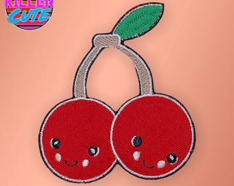 Kawaii Smiling Red Cherries Iron On Patch - 3.5" Applique