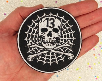 3.4" Skull and Bones Spiderweb Iron On Patch Embroidered Patch Biker Gift