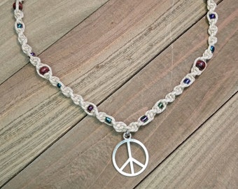 Peace Hemp Necklace, Beaded Peace Sign Necklace, Peace Jewelry