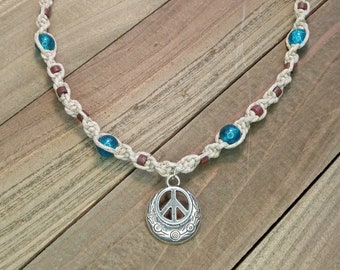 Peace Sign Hemp Necklace, Dainty Peace Sign Necklace, Peace Jewelry