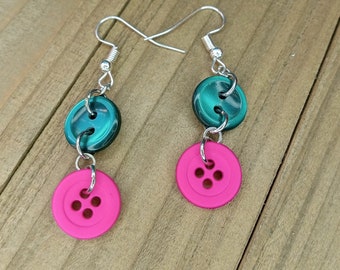 Button Earrings, Teal and Pink Button Jewelry, Dangle Earrings