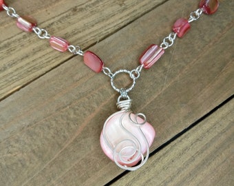 Shell Beaded Necklace, Coral Shells Bead Choker, Wire Wrap Necklace