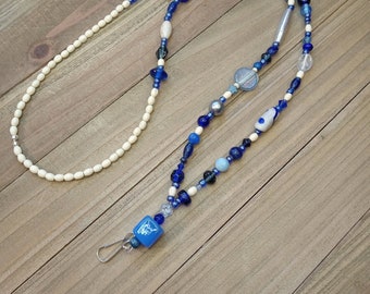 Beaded Lanyard, Dark Blue Neck Lanyard, Lanyard for ID Badge, Badge Holder