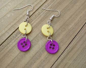 Button Earrings, Purple and Yellow Button Jewelry, Dangle Earrings