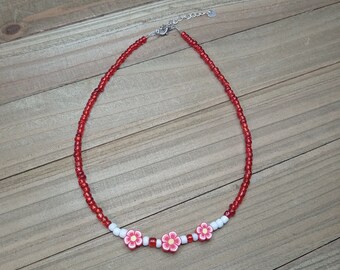 Red Flower Beaded Choker Necklace, Seed Bead Choker, Flower Choker, Preppy Necklace