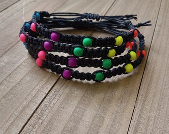 Hemp Bracelet, Blacklight Reflective Bracelet, Boho Bracelet, Beaded Glow Bracelet, Adjustable, Festival