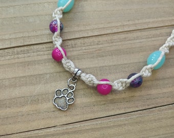 Hemp Necklace, Paw Print Necklace, Dainty Paw Charm Necklace, Adjustable Jewelry, Youth Necklace, Ready to Ship