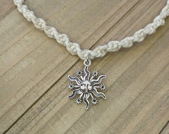 Sun Hemp Necklace, Sun Charm Necklace, Celestial Macrame Jewelry, Dainty Sunburst Charm