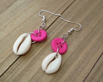 Button Earrings, Cowrie Shell and Pink Button Jewelry, Cute Dangle Earrings, Beach Lover Gifts
