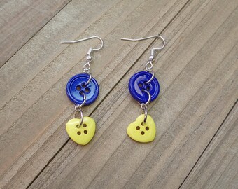 Button Earrings, Blue and Yellow Heart Button Jewelry, Cute Dangle Earrings