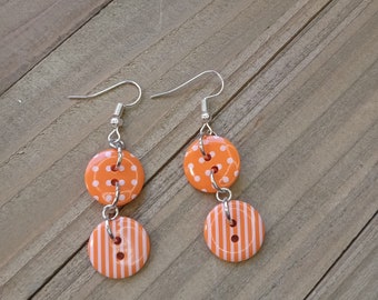 Button Earrings, Bright Orange Button Jewelry, Dangle Earrings
