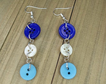 Button Earrings, Blue and Pearl Button Jewelry, Dangle Earrings