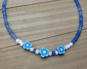 Blue Flower Beaded Choker Necklace, Seed Bead Choker, Flower Choker, Preppy Necklace