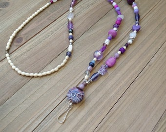 Beaded Lanyard, Mixed Purple Neck Lanyard, Lanyard for ID Badge, Badge Holder