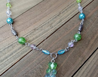 Bear Beaded Necklace, Blue and Green Bear Choker, Candy Bear Choker, Beaded Choker, Preppy Necklace