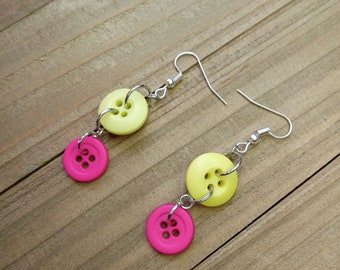 Button Earrings, Pink and Yellow Button Jewelry, Dangle Earrings