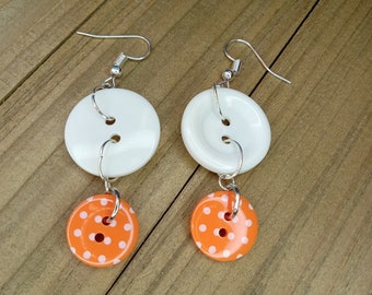 Button Earrings, Bright Orange and White Button Jewelry, Dangle Earrings