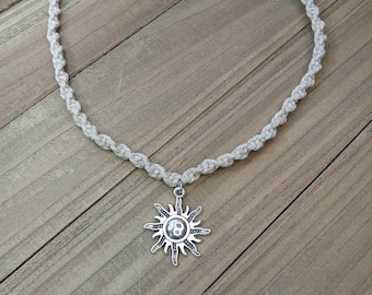 Hemp Necklace, Sun Charm Necklace, Celestial Macrame Jewelry, Sunburst Charm