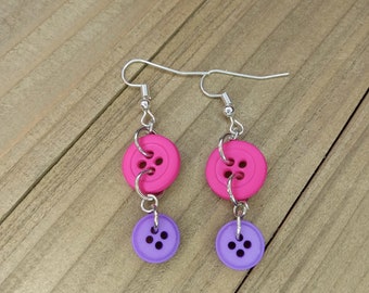 Button Earrings, Purple and Pink Button Jewelry, Dangle Earrings