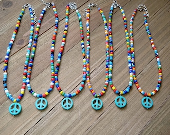 Beaded Peace Choker Necklace, Seed Bead Choker, Peace Sign Choker, Charm Choker