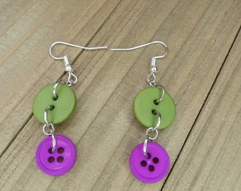 Button Earrings, Purple and Green Button Jewelry, Dangle Earrings