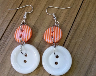 Button Earrings, Bright Orange and White Button Jewelry, Dangle Earrings