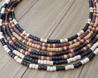 Surfer Style Men's Beaded Necklace, Wood Bead Necklace, Bead Necklace for Men, Wood Heishi Necklace