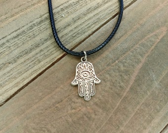 Hamsa Hand Necklace, Spiritual Hamsa Hand Jewelry, Hamsa Hand Evil Eye Charm Choker Necklace, Rainbow Cord Necklace, Black Cord Necklace